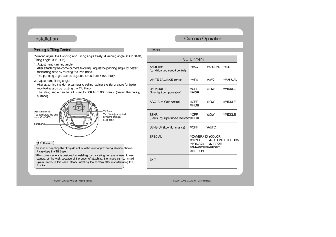 Samsung 46C user manual Camera Operation, Panning & Tilting Control, Menu Setup menu 