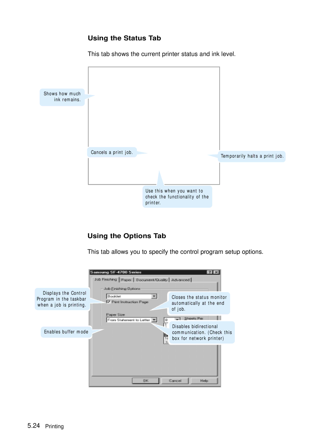 Samsung 4700 manual Using the Status Tab, Using the Options Tab 