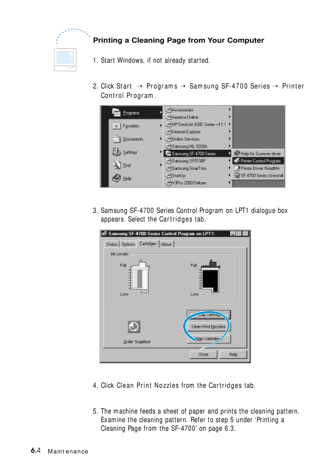 Samsung 4700 manual Start Windows, if not already started, Click Clean Print Nozzles from the Cartridges tab 