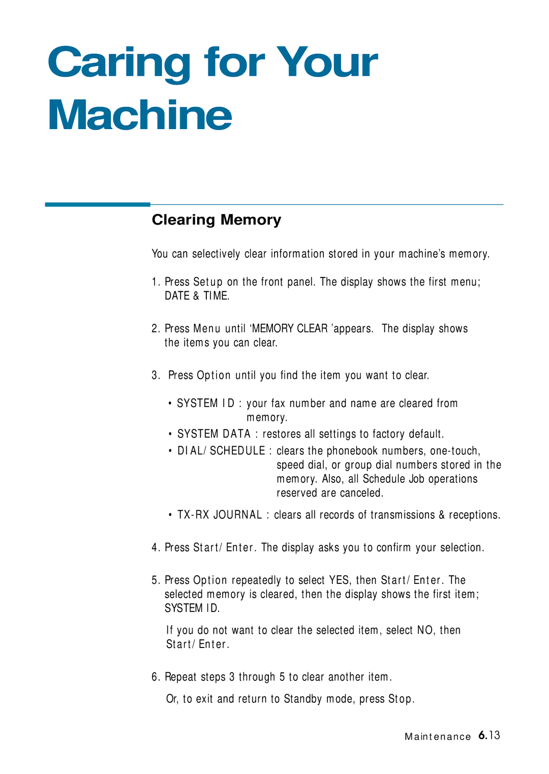 Samsung 4700 manual Caring for Your Machine, Clearing Memory, Start/Enter 