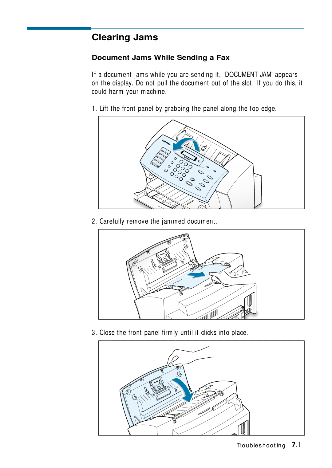 Samsung 4700 manual Clearing Jams, Document Jams While Sending a Fax 