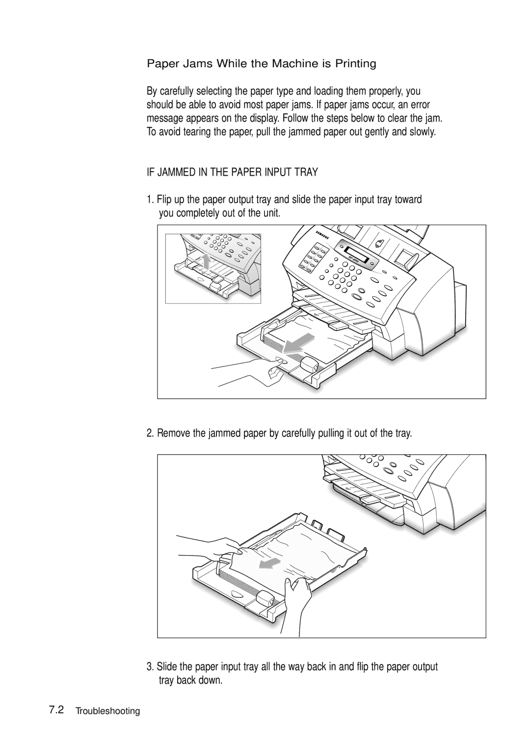 Samsung 4700 manual If Jammed in the Paper Input Tray, Paper Jams While the Machine is Printing 