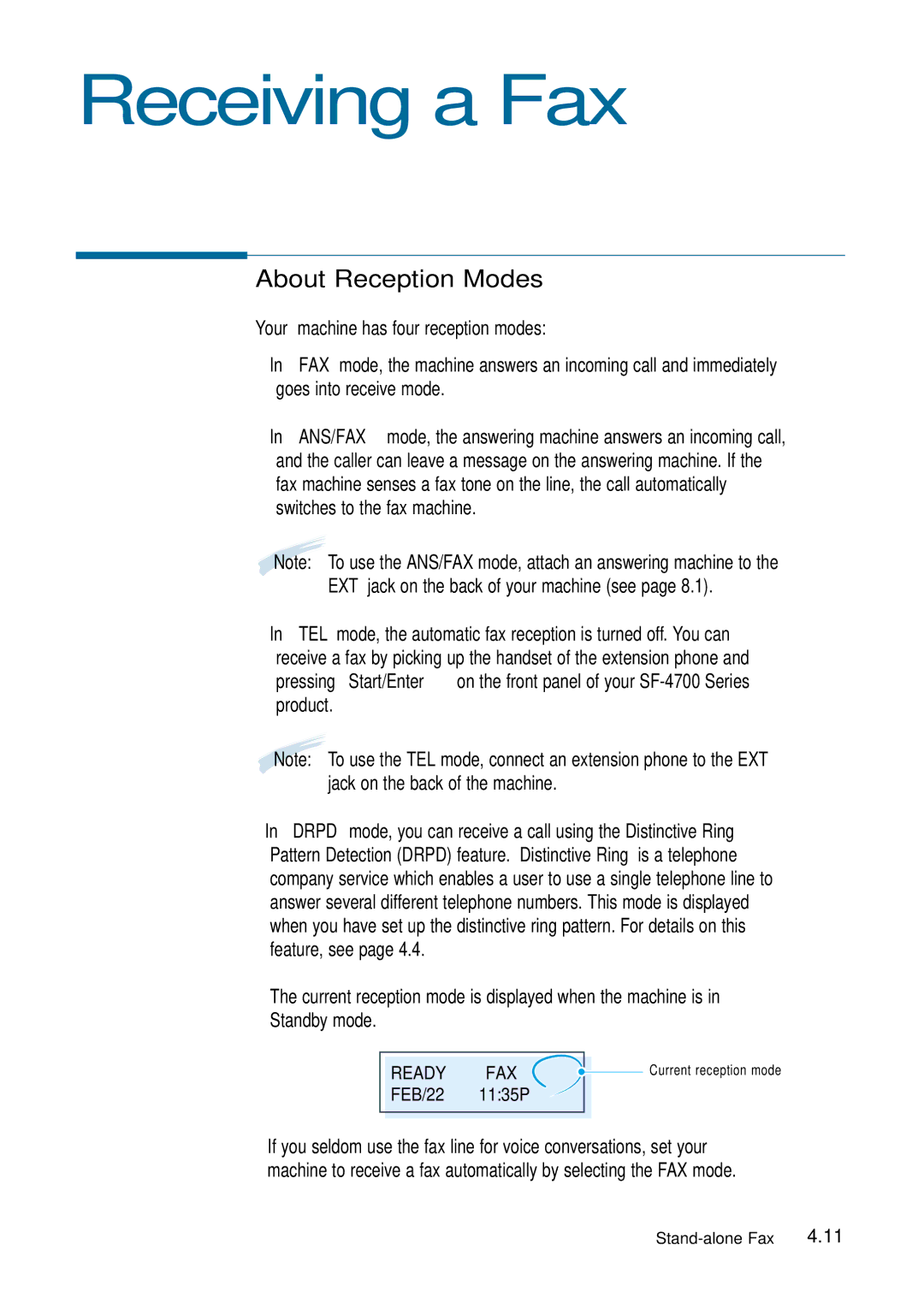 Samsung 4700 manual Receiving a Fax, About Reception Modes 