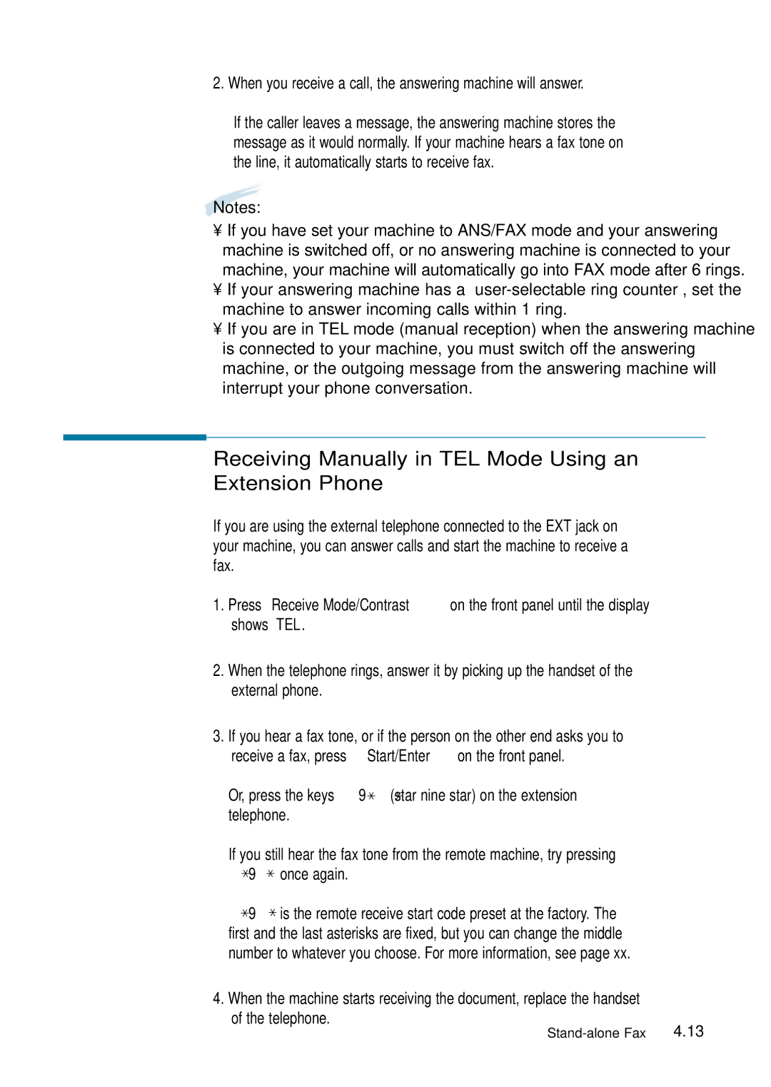 Samsung 4700 manual Receiving Manually in TEL Mode Using an Extension Phone, Once again 