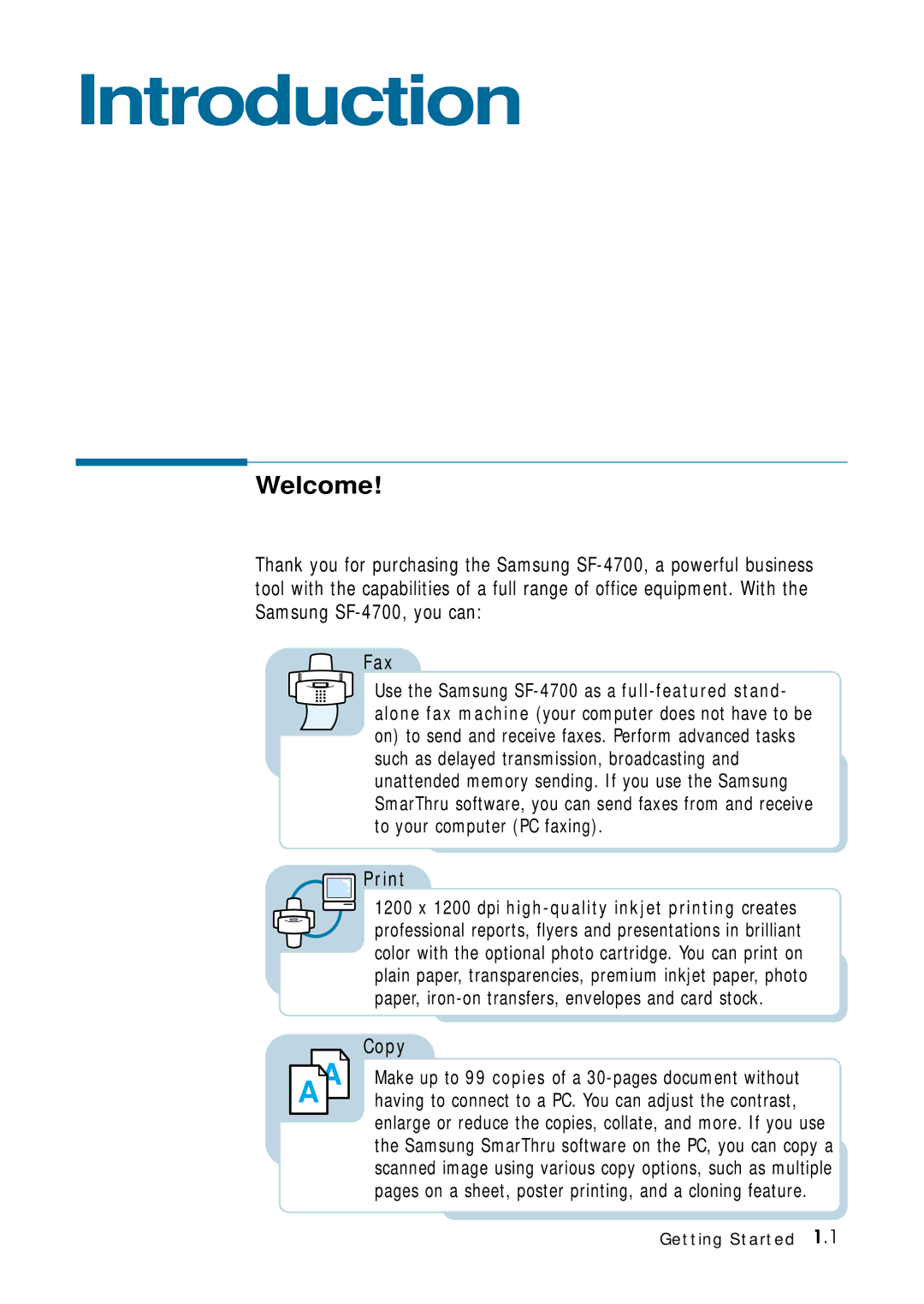 Samsung 4700 manual Introduction, Welcome, Fax, Print, Copy 