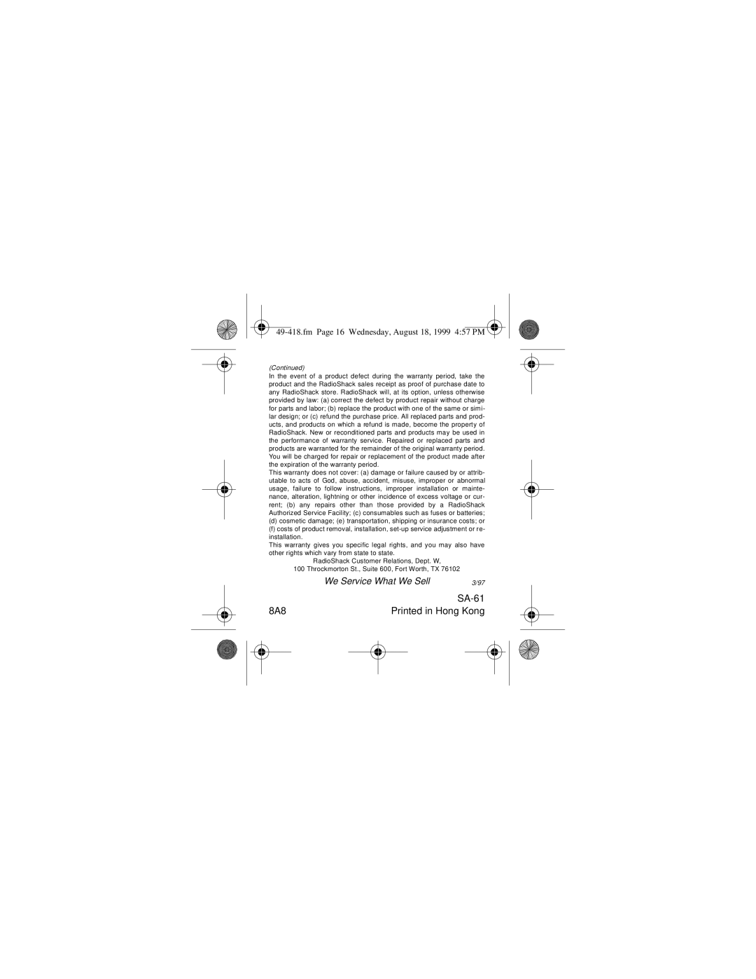 Samsung 49-418 owner manual SA-61 