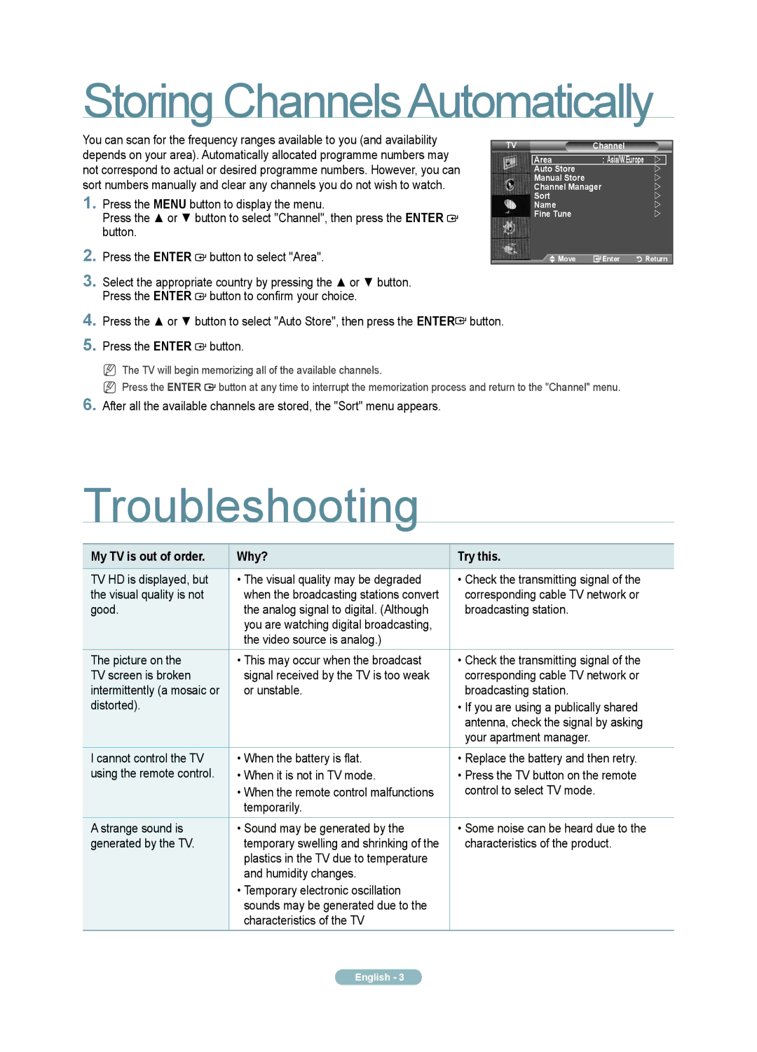 Samsung 5 Series quick start Storing ChannelsAutomatically, Troubleshooting, My TV is out of order Why? Try this 