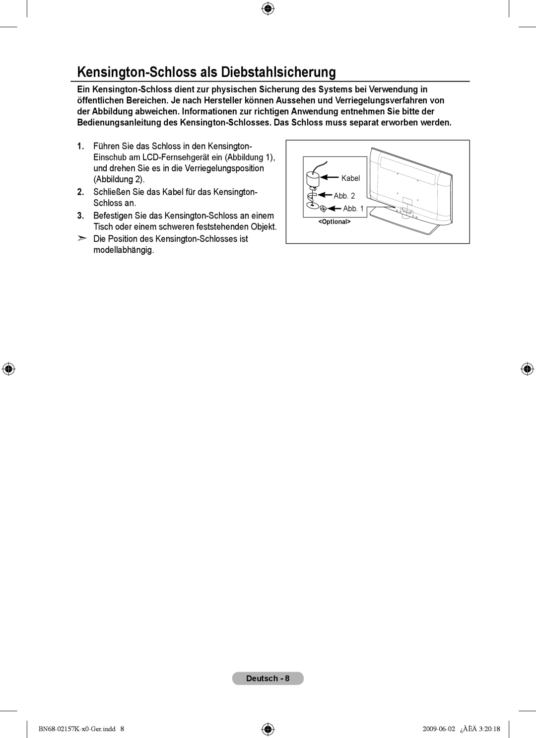 Samsung 5 installation manual Kensington-Schloss als Diebstahlsicherung 