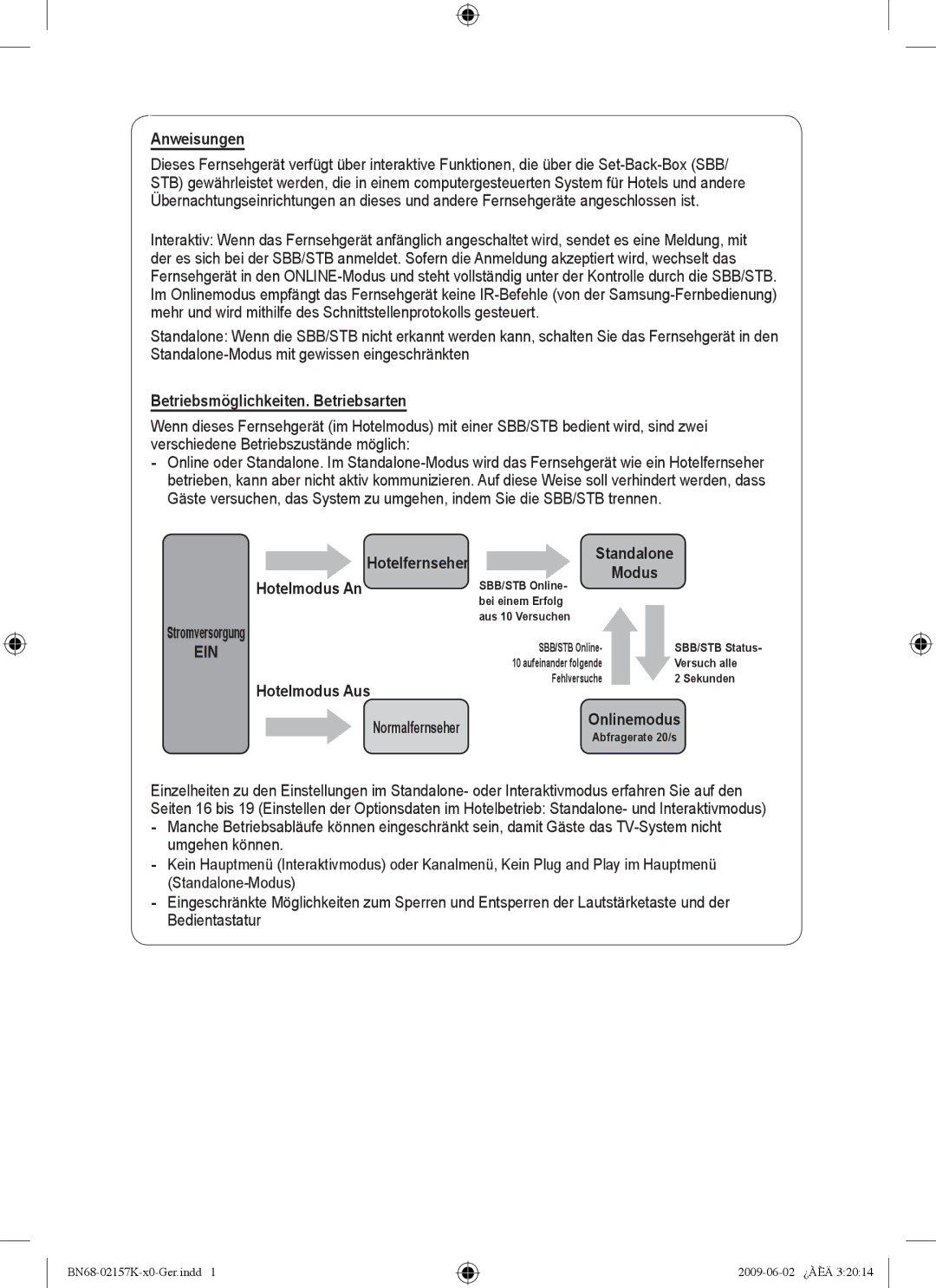 Samsung 5 installation manual Anweisungen, Betriebsmöglichkeiten. Betriebsarten, Ein, Hotelmodus Aus, Normalfernseher 