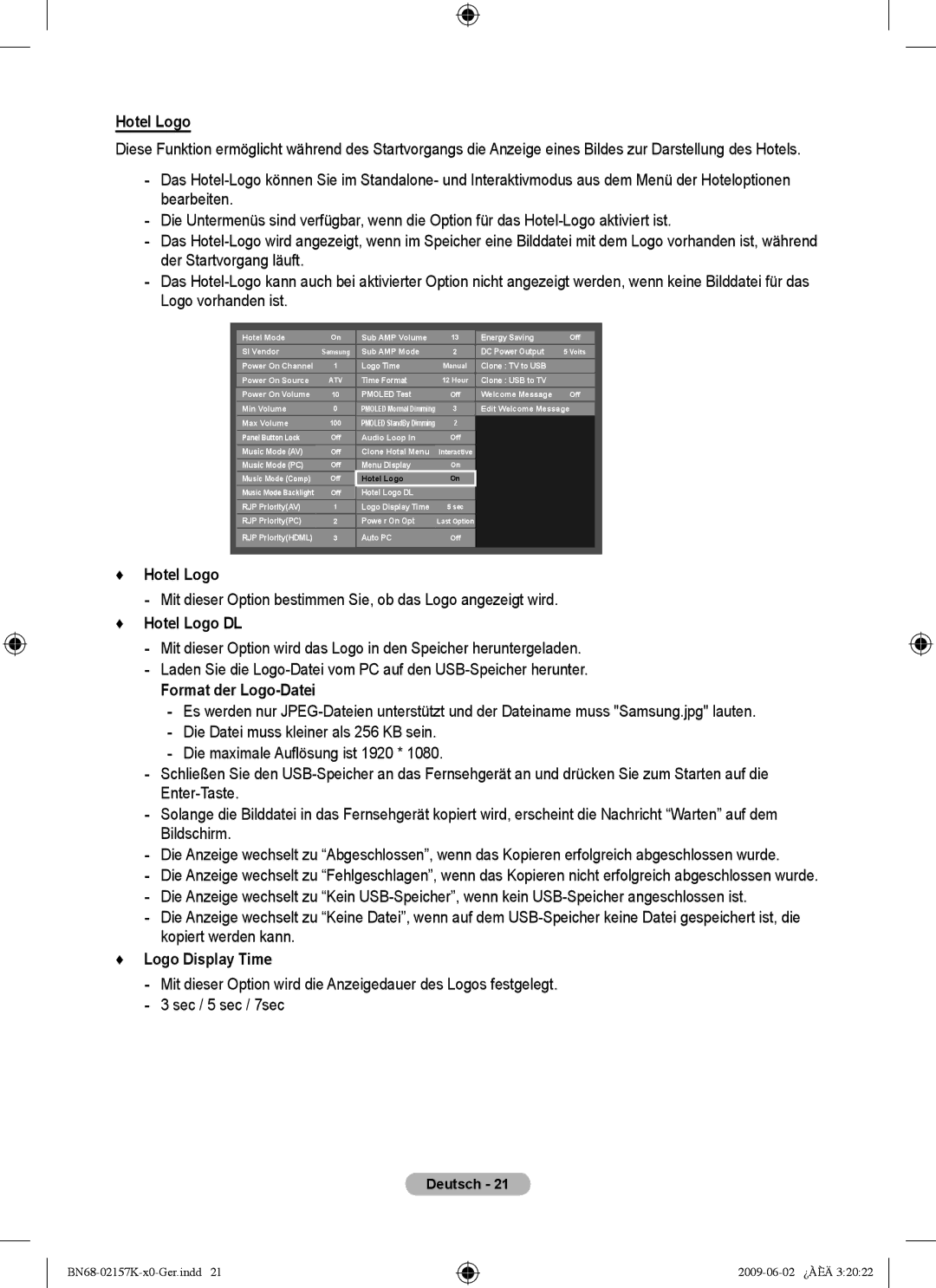 Samsung 5 installation manual Hotel Logo DL, Format der Logo-Datei, Logo Display Time 