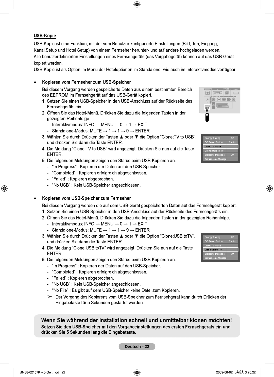 Samsung 5 installation manual USB-Kopie, Kopieren vom Fernseher zum USB-Speicher, Kopieren vom USB-Speicher zum Fernseher 