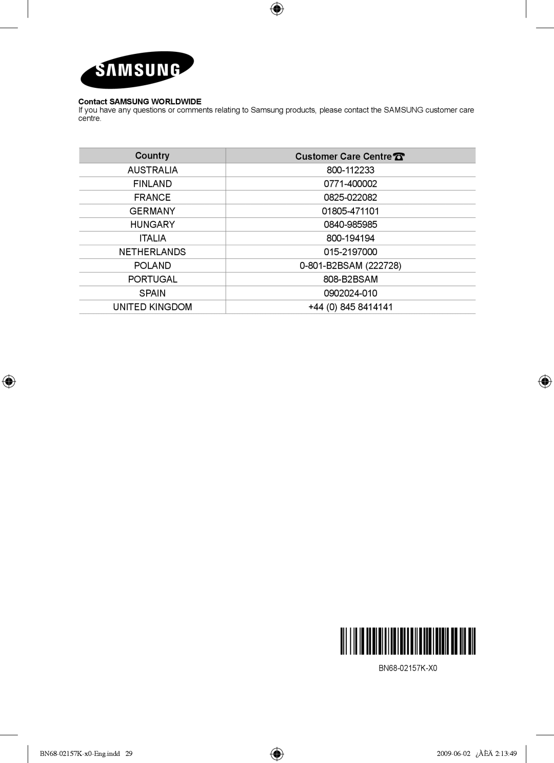 Samsung 5 installation manual Country Customer Care Centre, Contact Samsung Worldwide 