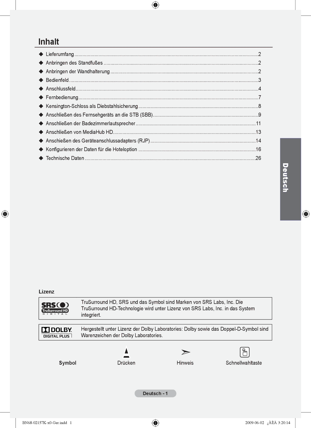 Samsung 5 installation manual Inhalt, Lizenz, Symbol 