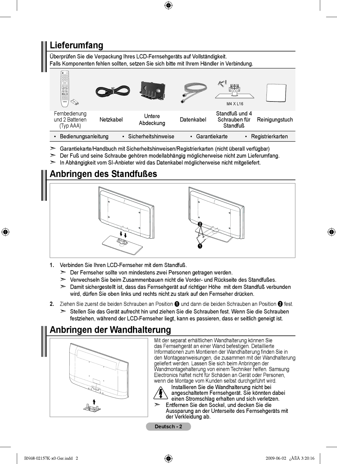 Samsung 5 installation manual Lieferumfang, Anbringen des Standfußes, Anbringen der Wandhalterung 