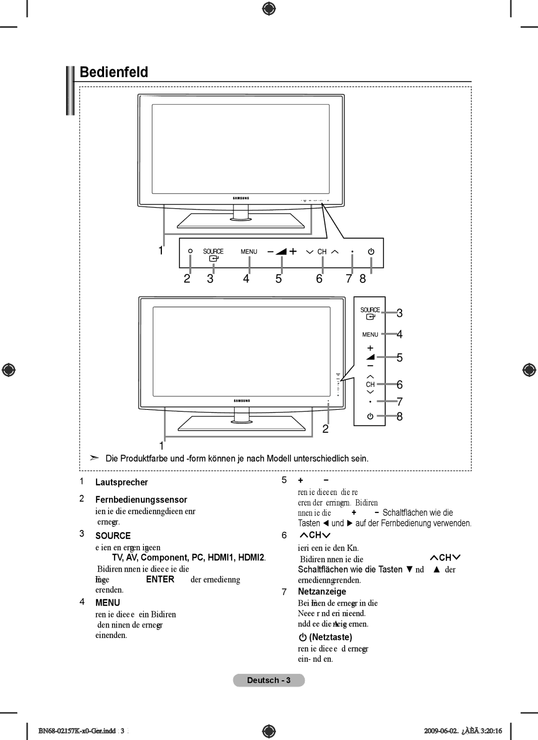 Samsung 5 installation manual Bedienfeld, Source E, Menu 