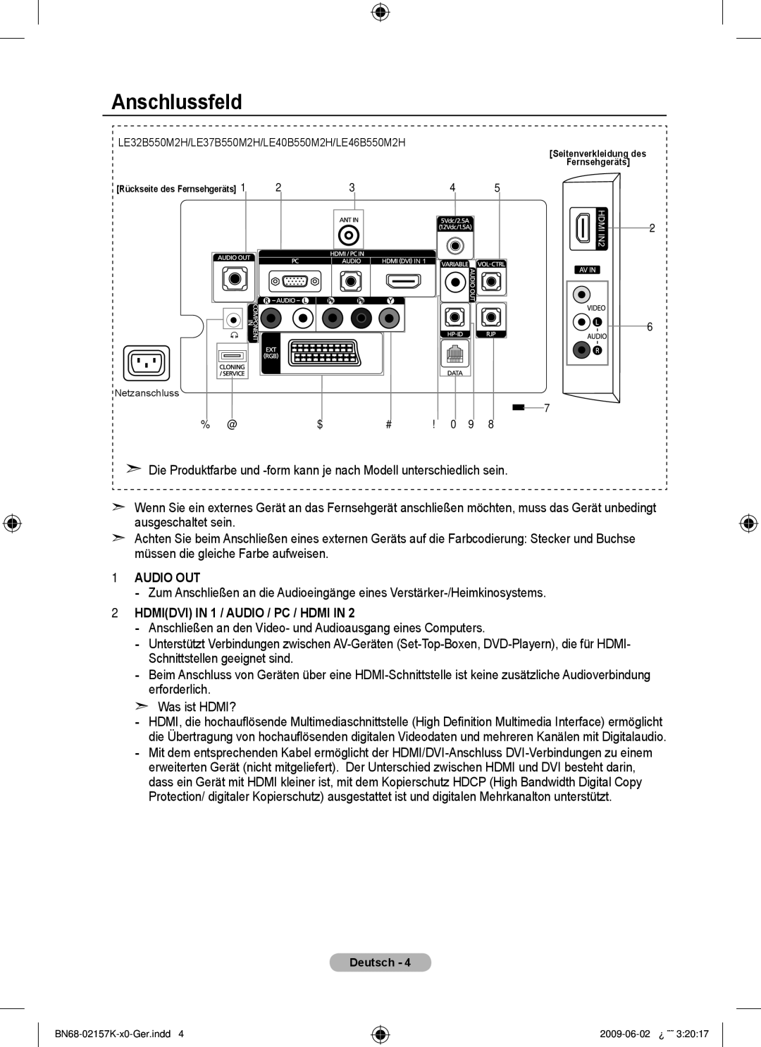 Samsung 5 installation manual Anschlussfeld, Audio OUT, Hdmidvi in 1 / Audio / PC / Hdmi 