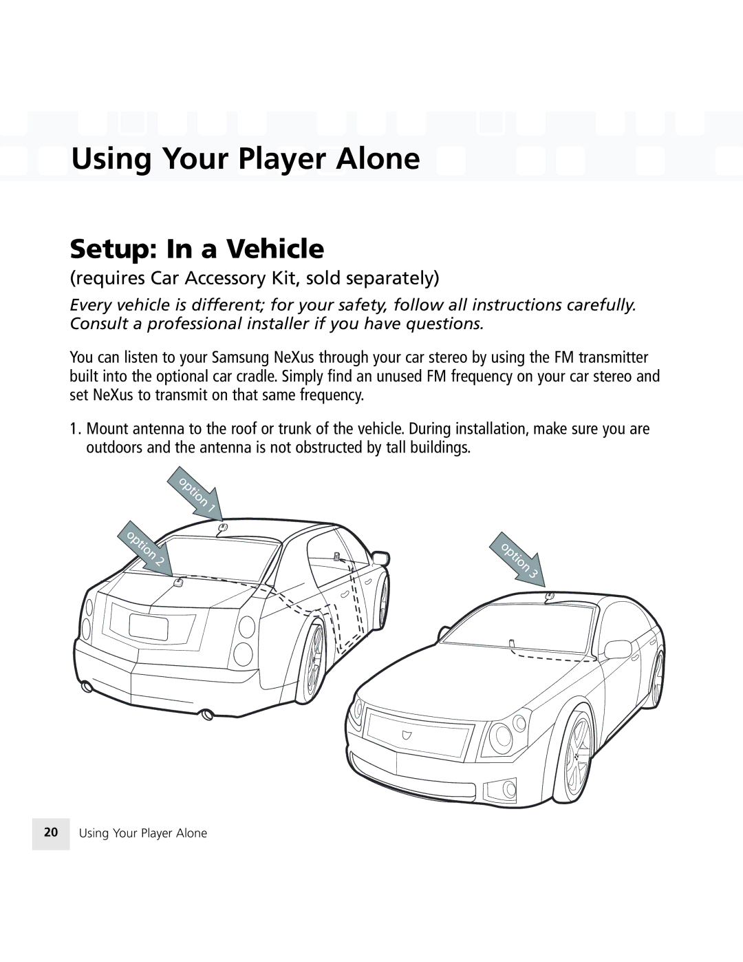 Samsung 50 manual Setup In a Vehicle, Requires Car Accessory Kit, sold separately 