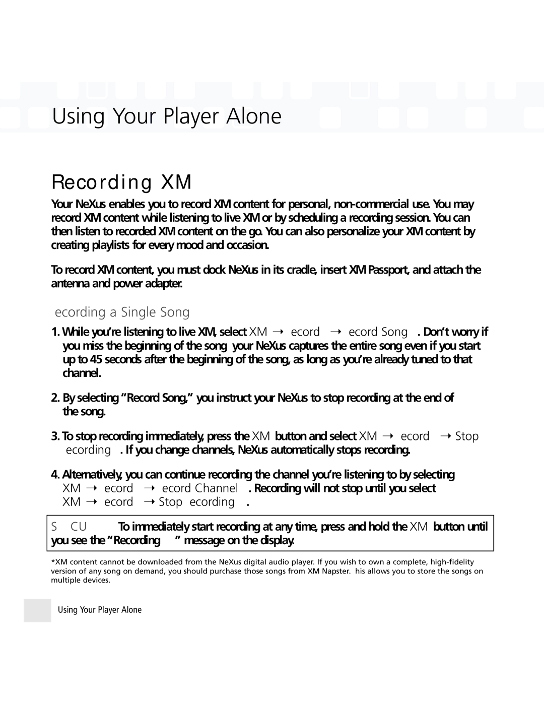 Samsung 50 manual Recording XM, Recording a Single Song 