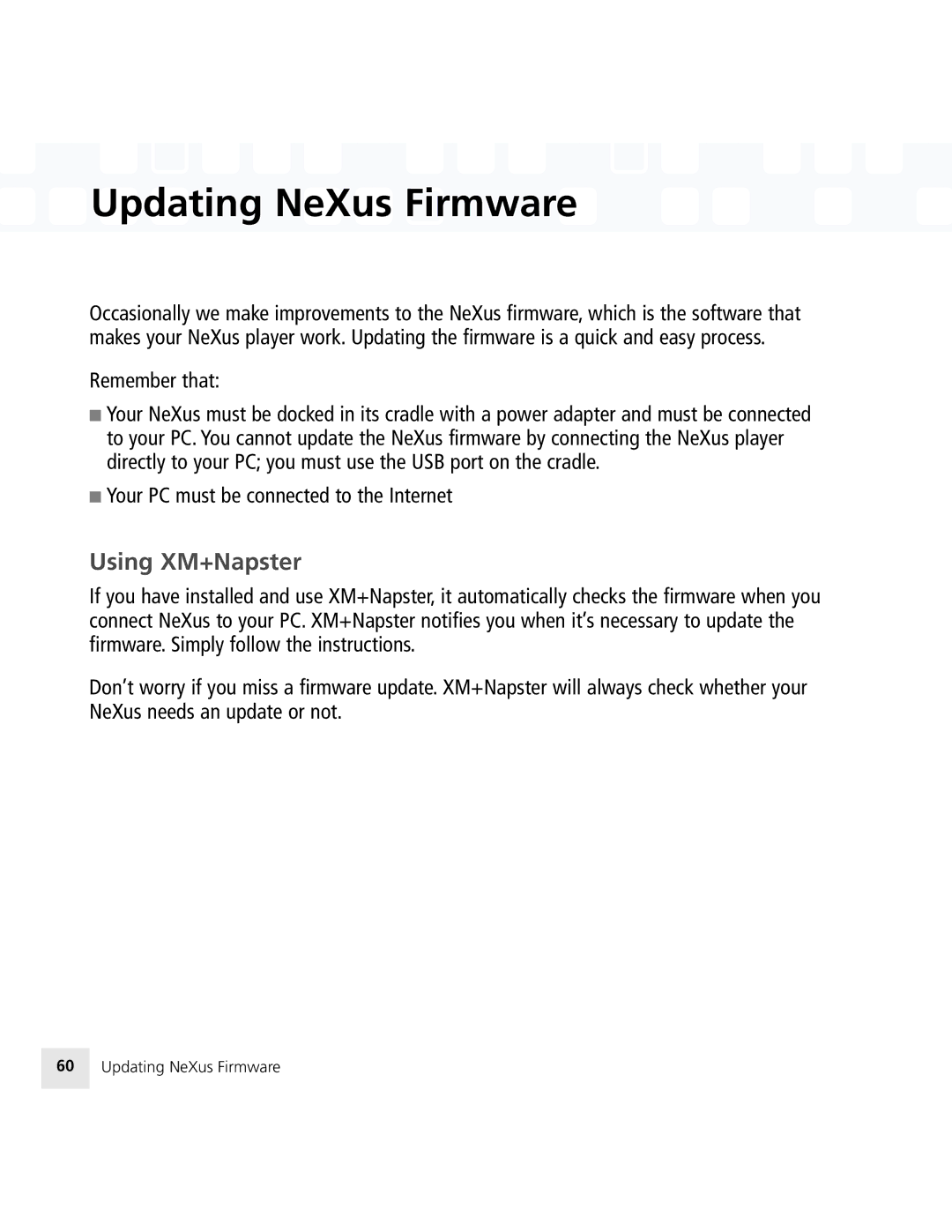 Samsung 50 manual Updating NeXus Firmware, Using XM+Napster 