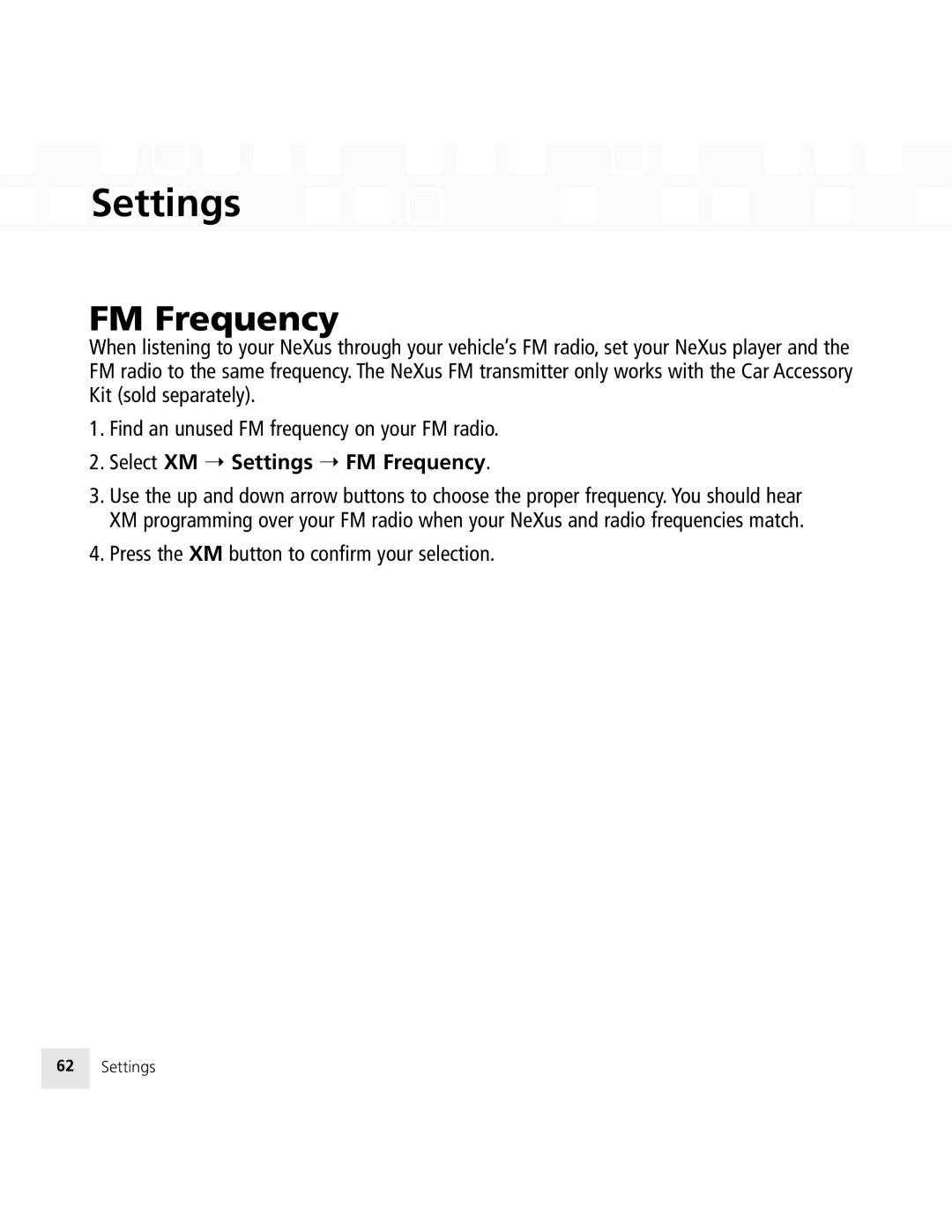 Samsung 50 manual Select XM Settings FM Frequency 