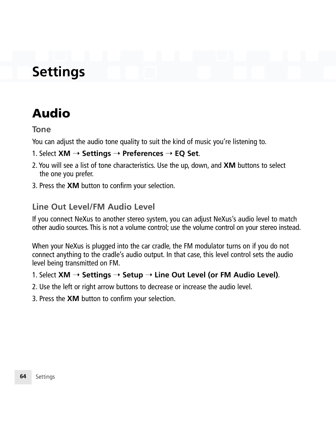 Samsung 50 manual Tone, Line Out Level/FM Audio Level, Select XM Settings Preferences EQ Set 