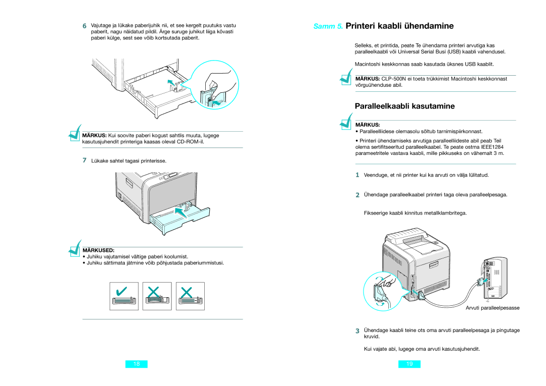 Samsung CLP-500N setup guide Samm 5. Printeri kaabli ühendamine, Paralleelkaabli kasutamine, Märkus 