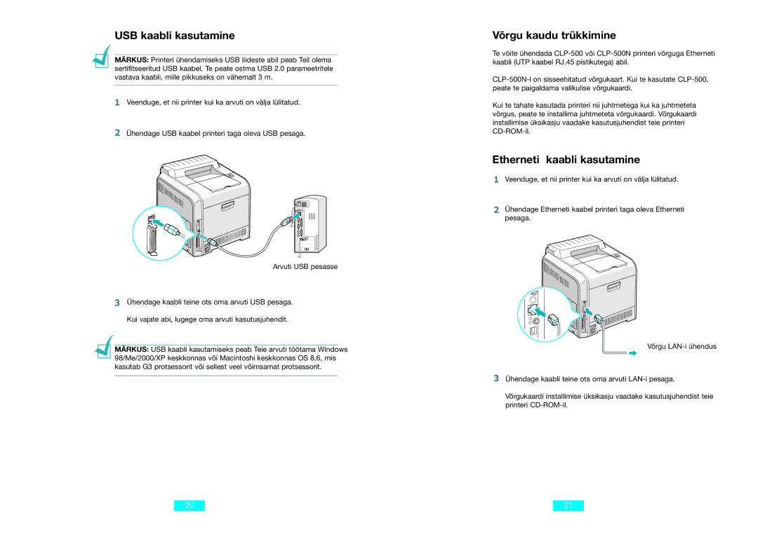 Samsung CLP-500N setup guide USB kaabli kasutamine, Võrgu kaudu trükkimine, Etherneti kaabli kasutamine 