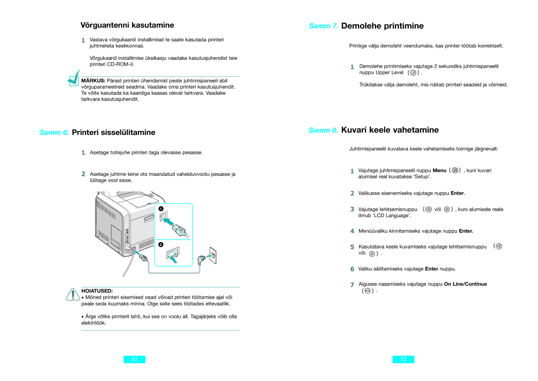 Samsung CLP-500N setup guide Samm 7. Demolehe printimine, Samm 8. Kuvari keele vahetamine, Võrguantenni kasutamine 