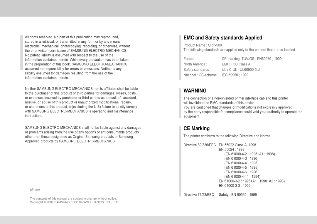 Samsung 500 manual EMC and Safety standards Applied 