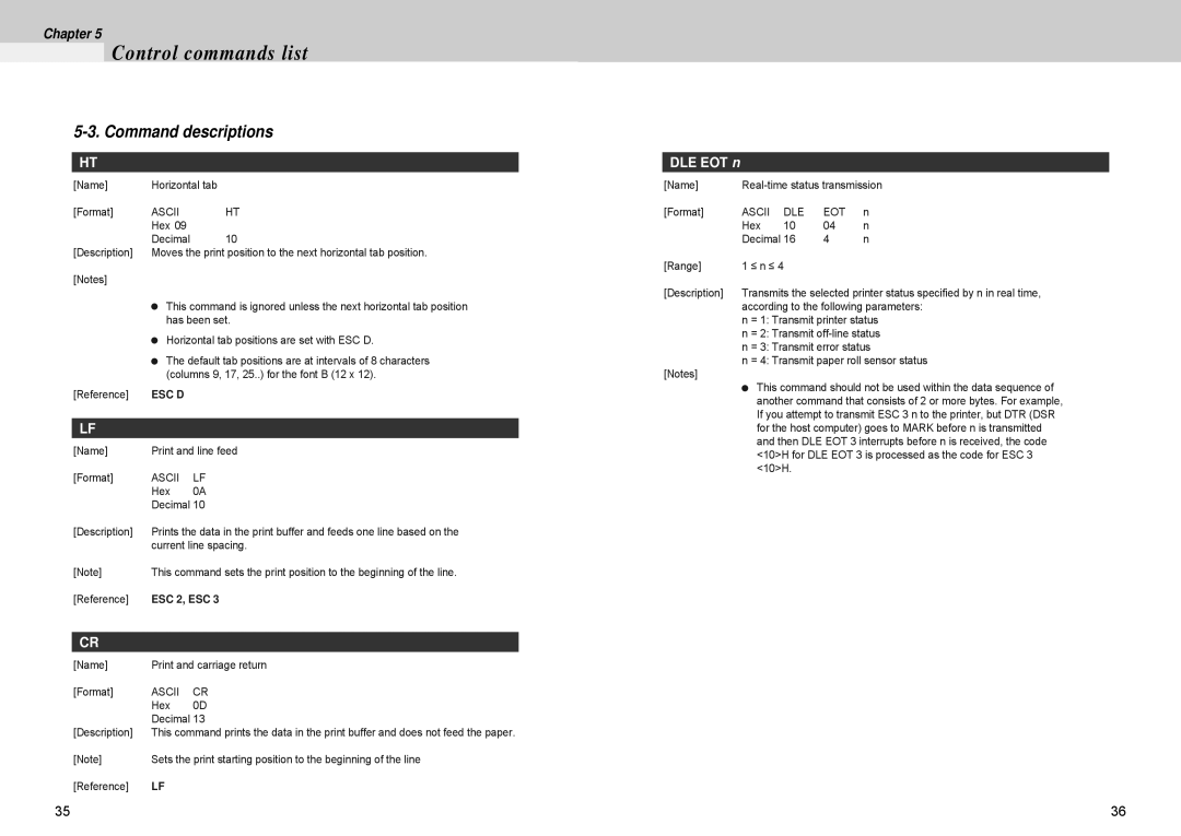 Samsung 500 manual Command descriptions, DLE EOT n, ESC 2, ESC 