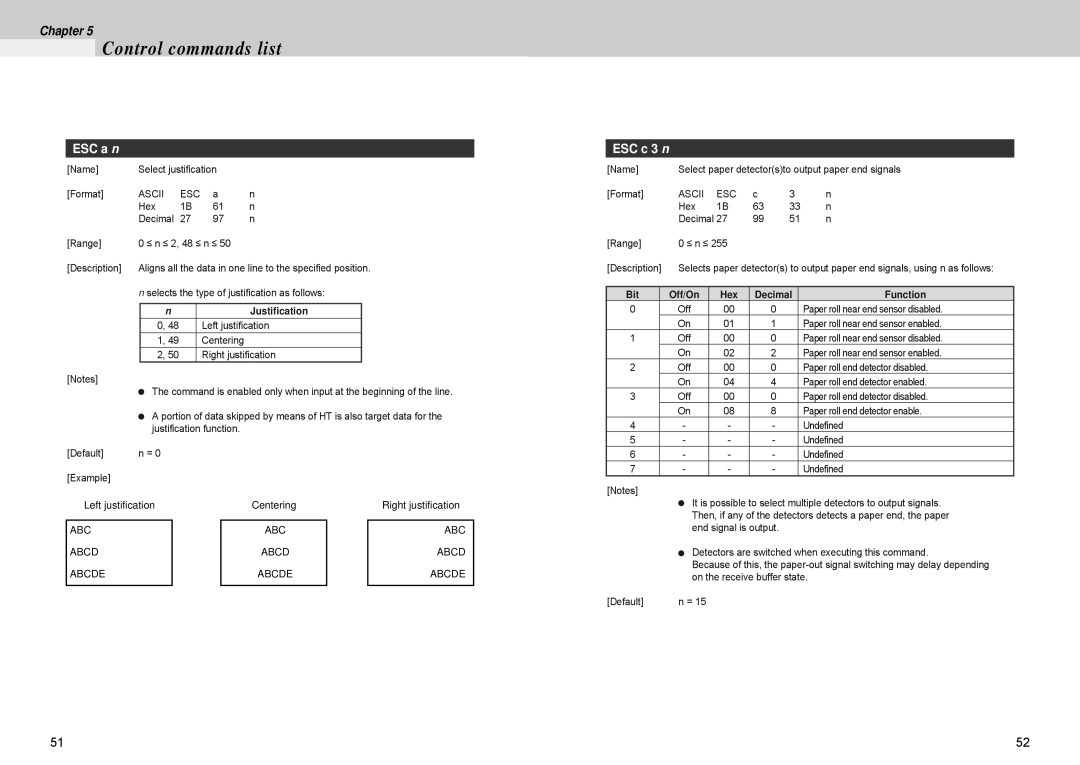 Samsung 500 manual ESC a n, ESC c 3 n, Justification 