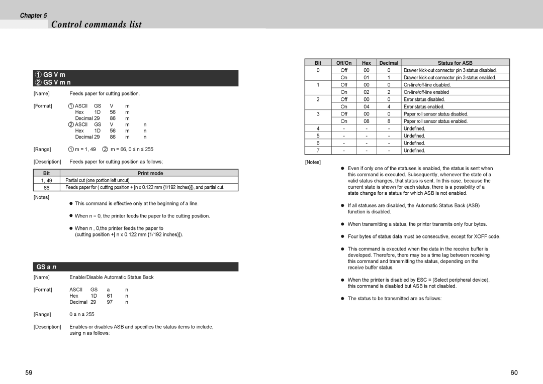 Samsung 500 manual GS V m GS V m n, GS a n, Bit Print mode, Bit Off/On Hex Decimal Status for ASB 