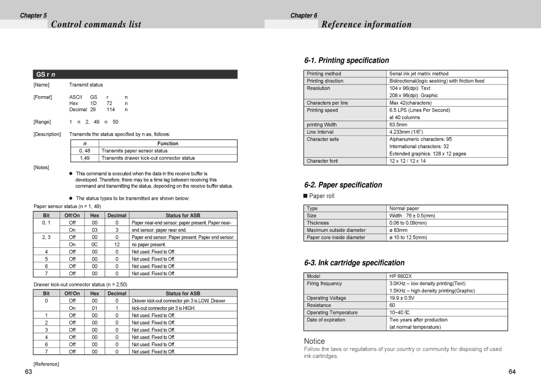 Samsung 500 manual Reference information, Printing specification, Paper specification, Ink cartridge specification, GS r n 