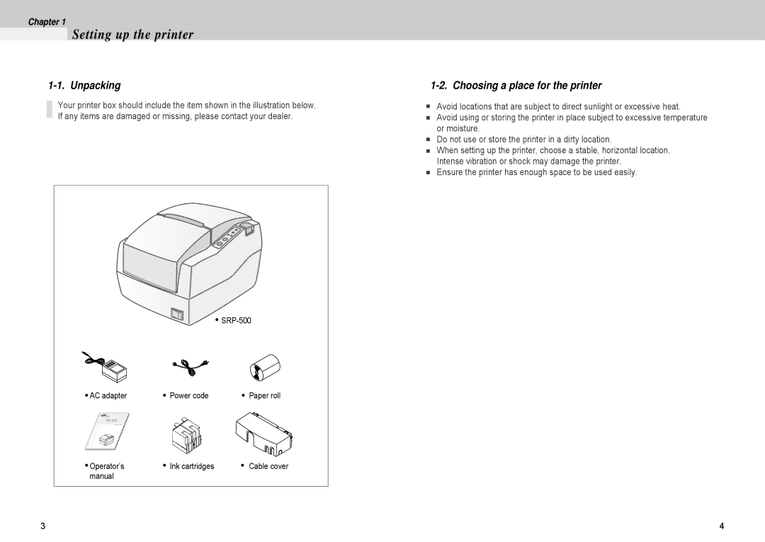 Samsung 500 manual Setting up the printer, Unpacking, Choosing a place for the printer 