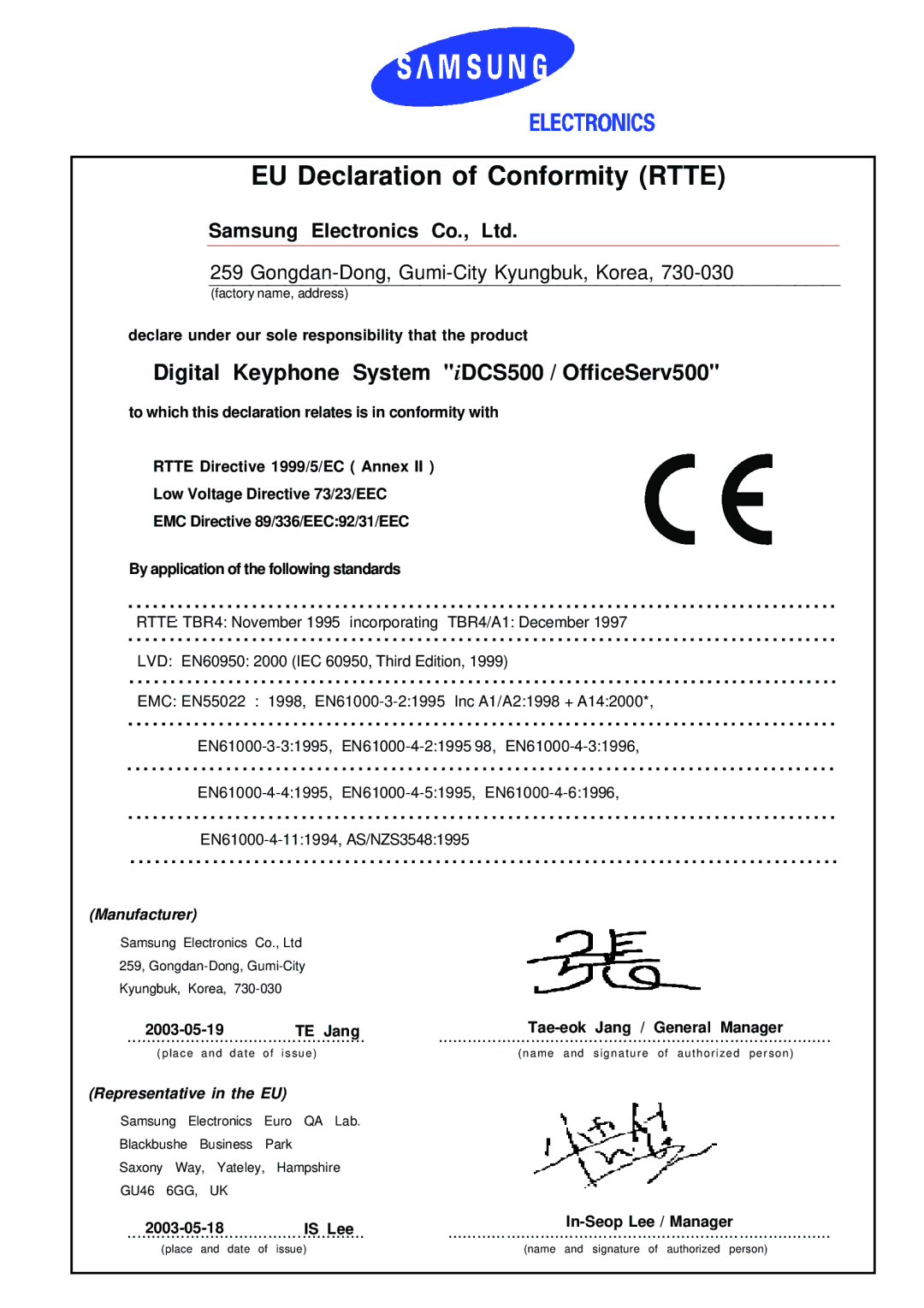 Samsung 5000 manual EU Declaration of Conformity Rtte, Rtte TBR4 November 1995 incorporating TBR4/A1 December 