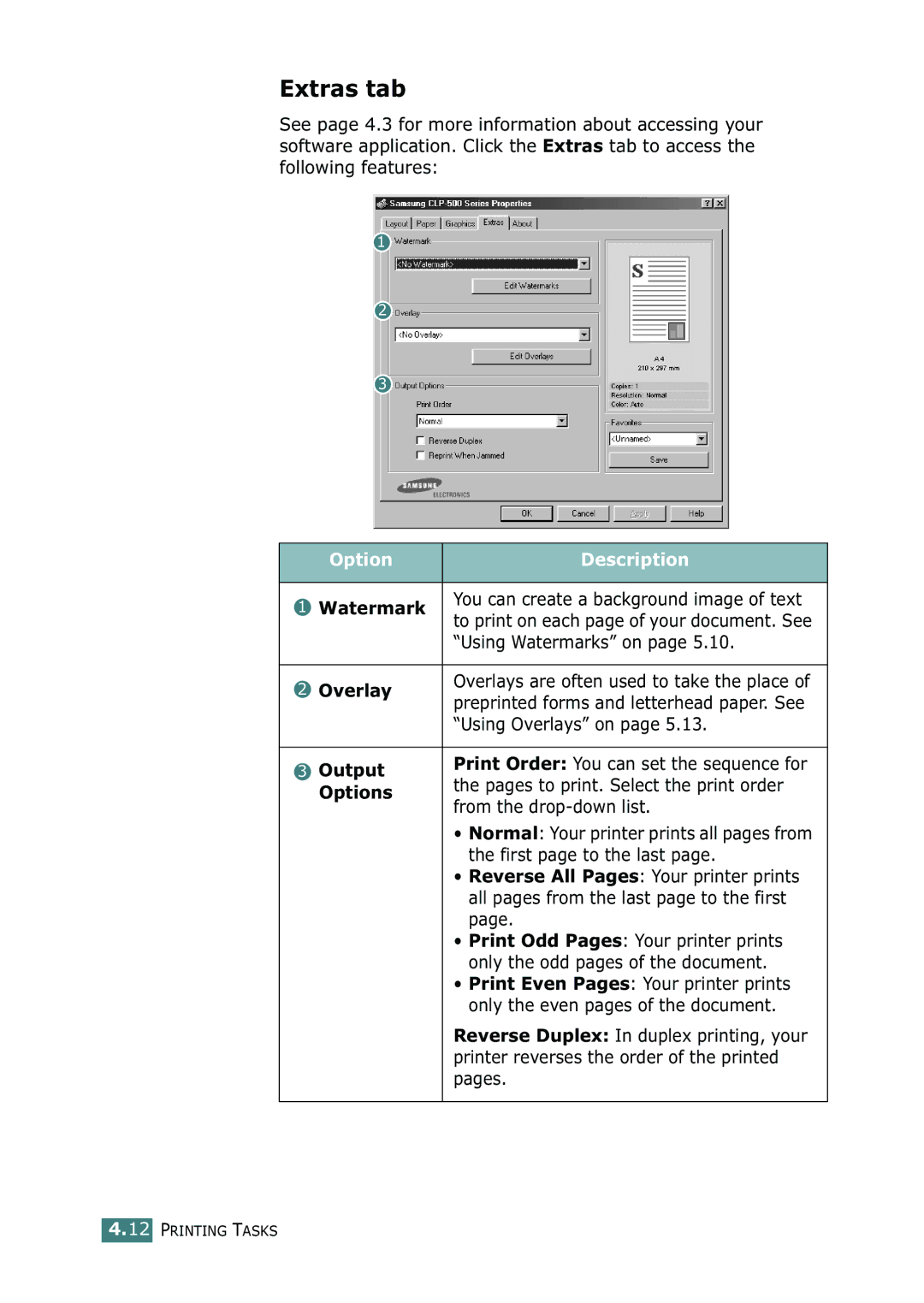 Samsung 500N setup guide Extras tab, Option Description, Watermark, Overlay, Output 