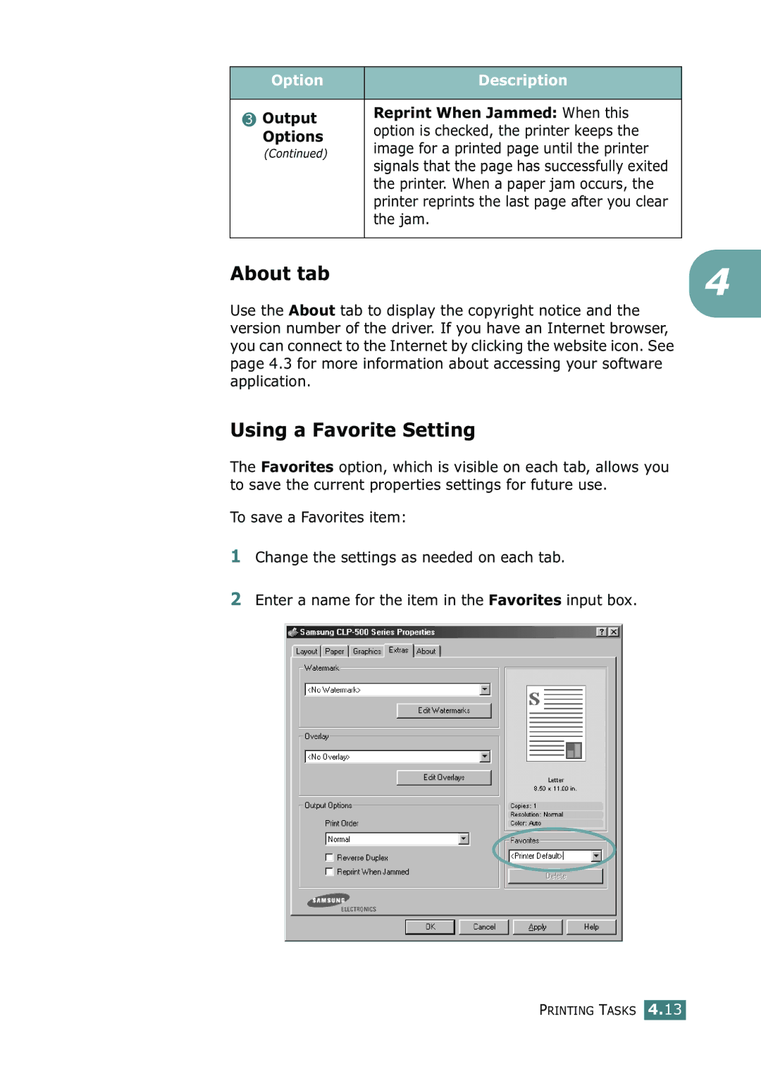 Samsung 500N setup guide About tab, Using a Favorite Setting, Output Reprint When Jammed When this 