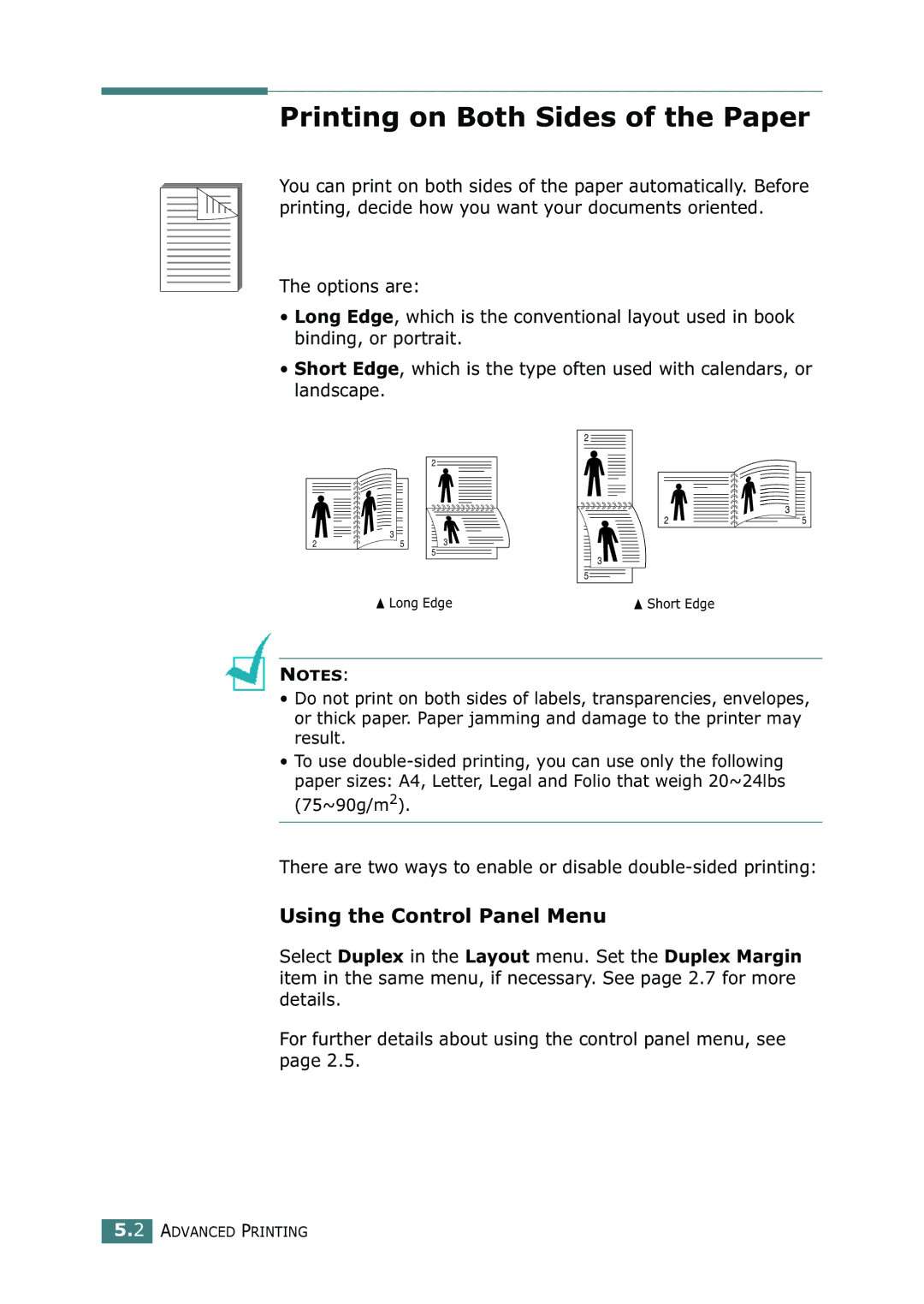 Samsung 500N setup guide Printing on Both Sides of the Paper, Using the Control Panel Menu 