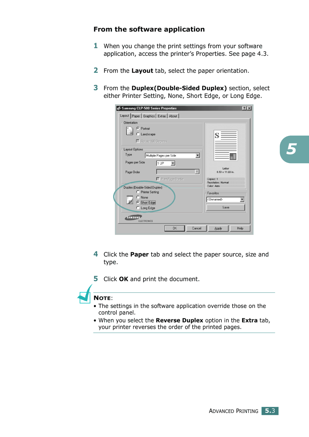 Samsung 500N setup guide From the software application, From the Layout tab, select the paper orientation 