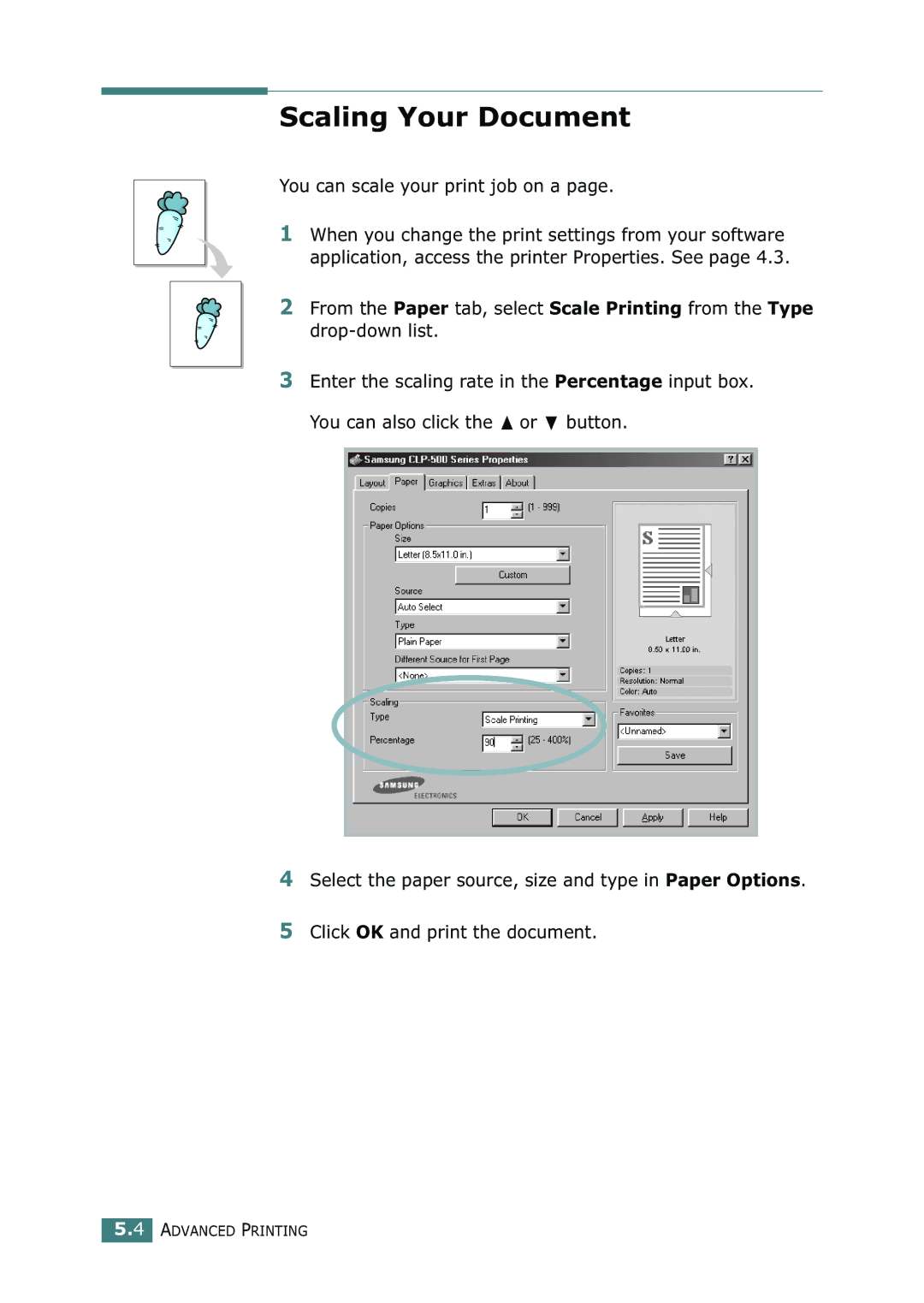 Samsung 500N setup guide Scaling Your Document, You can scale your print job on a 