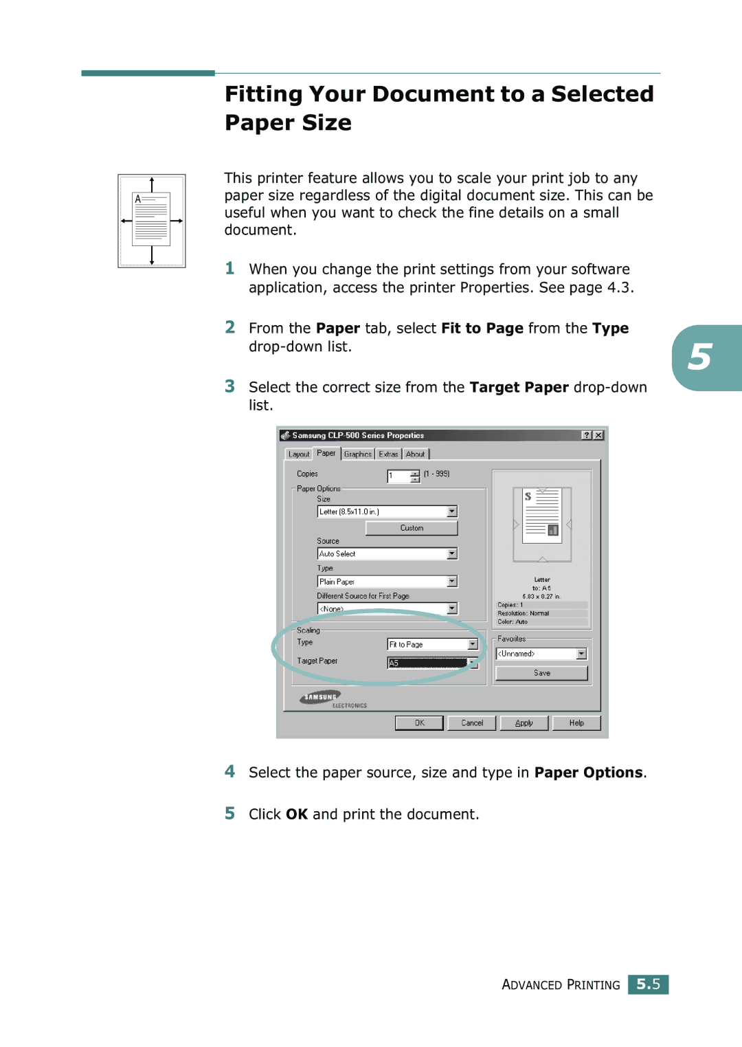 Samsung 500N setup guide Fitting Your Document to a Selected Paper Size 