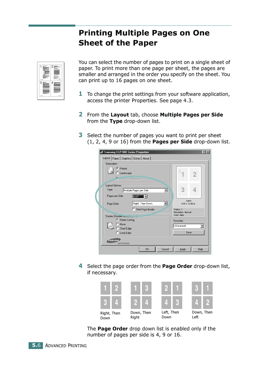 Samsung 500N setup guide Printing Multiple Pages on One Sheet of the Paper 