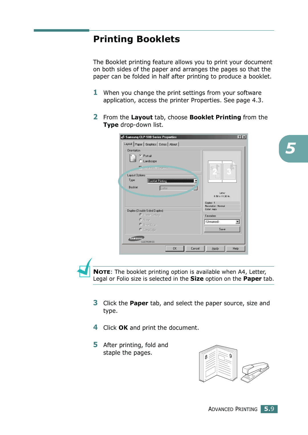 Samsung 500N setup guide Printing Booklets 