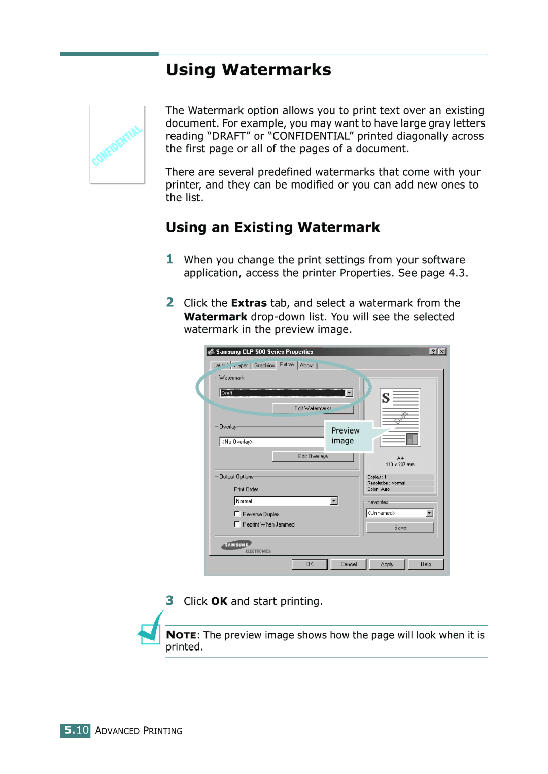 Samsung 500N setup guide Using Watermarks, Using an Existing Watermark, Click OK and start printing 