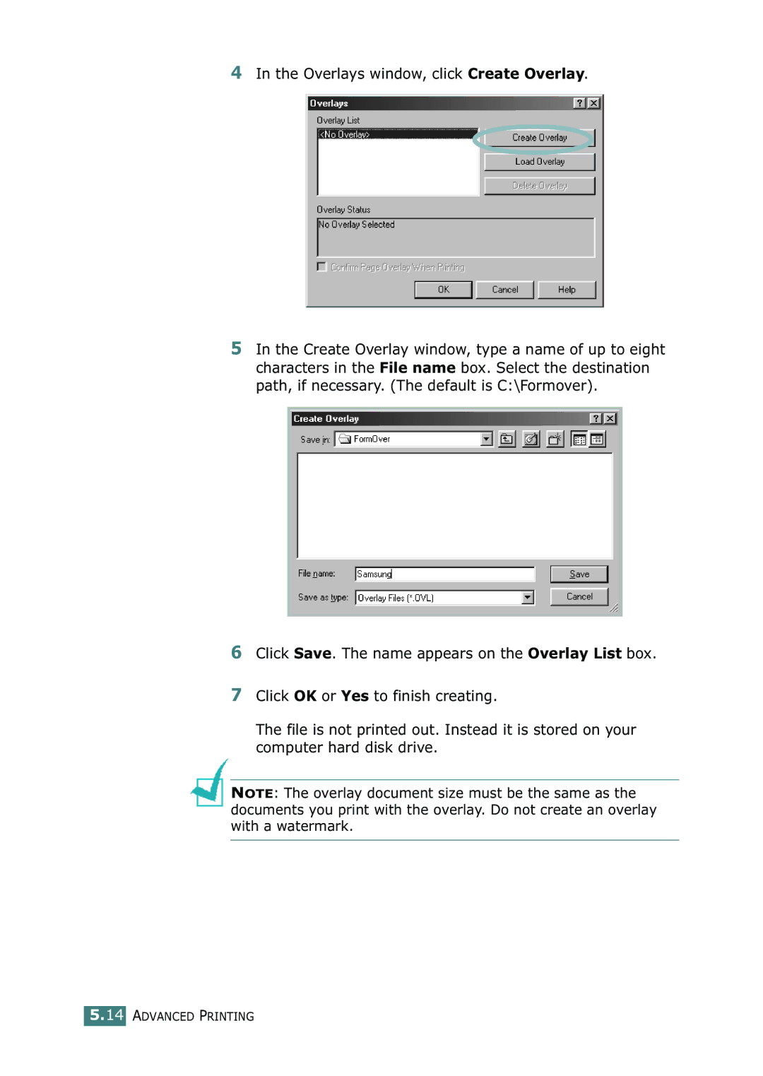 Samsung 500N setup guide Overlays window, click Create Overlay 