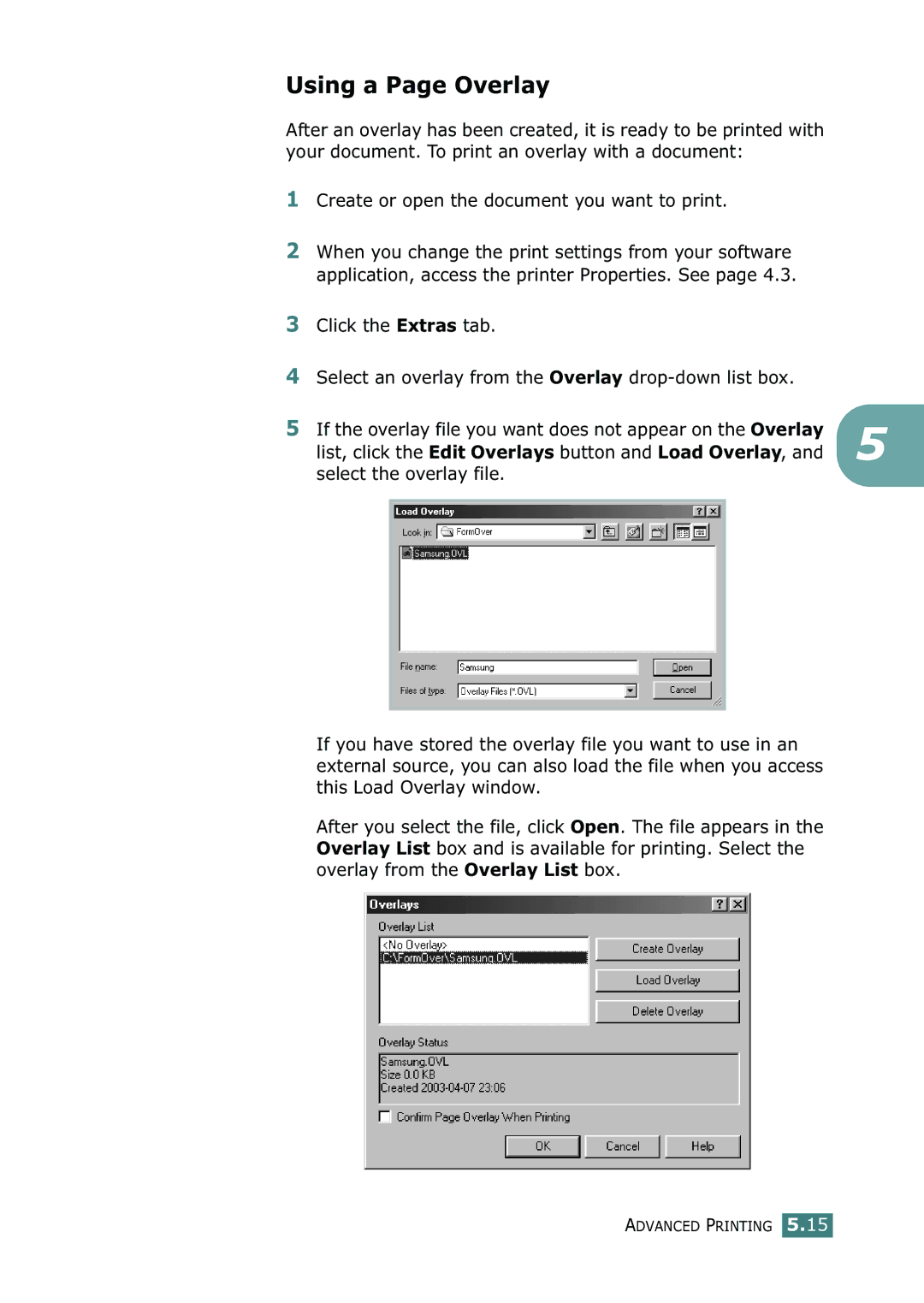 Samsung 500N setup guide Using a Page Overlay, List, click the Edit Overlays button and Load Overlay 