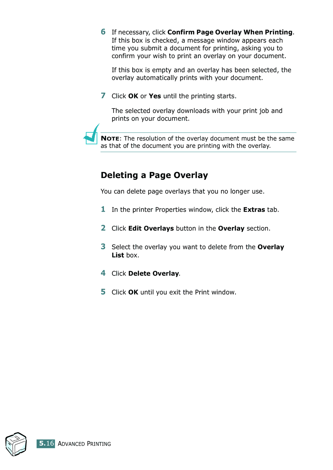 Samsung 500N setup guide Deleting a Page Overlay, Click Delete Overlay, Click OK until you exit the Print window 