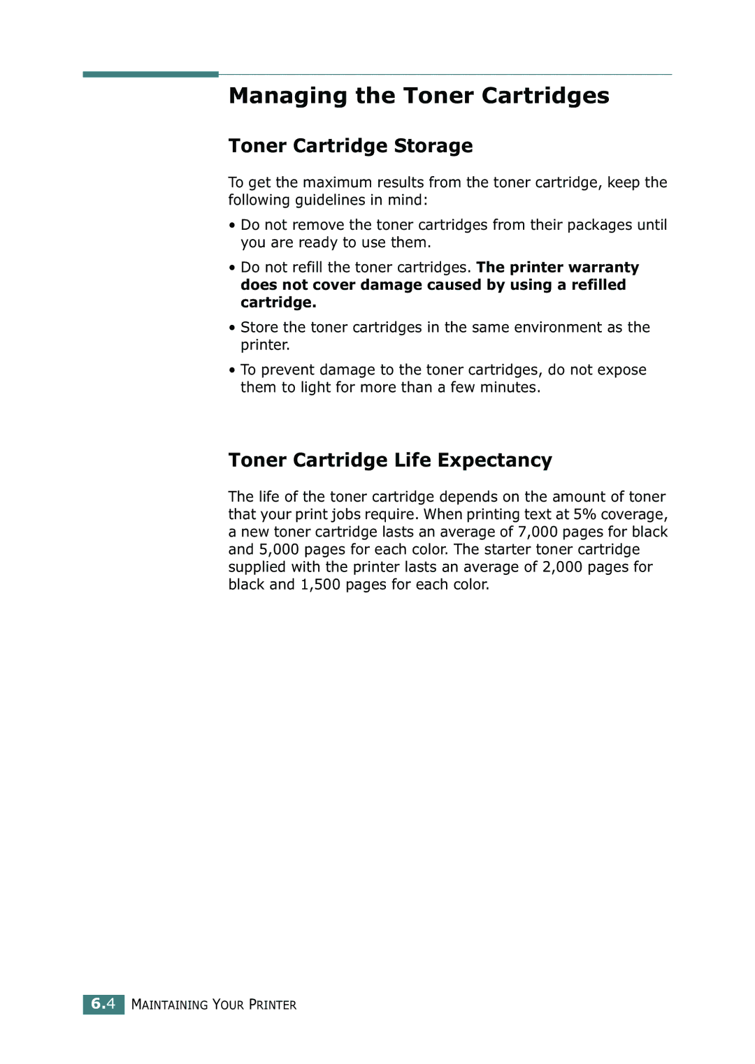 Samsung 500N setup guide Managing the Toner Cartridges, Toner Cartridge Storage, Toner Cartridge Life Expectancy 