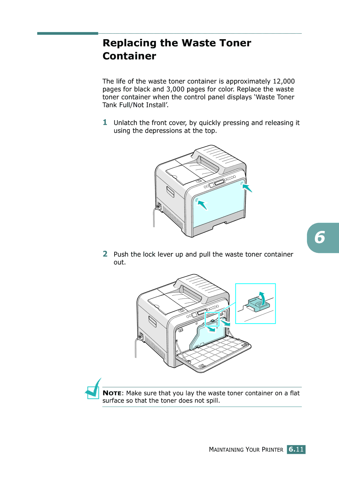 Samsung 500N setup guide Replacing the Waste Toner Container 