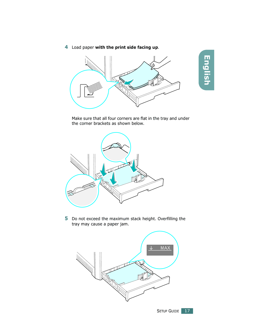 Samsung 500N setup guide Load paper with the print side facing up 